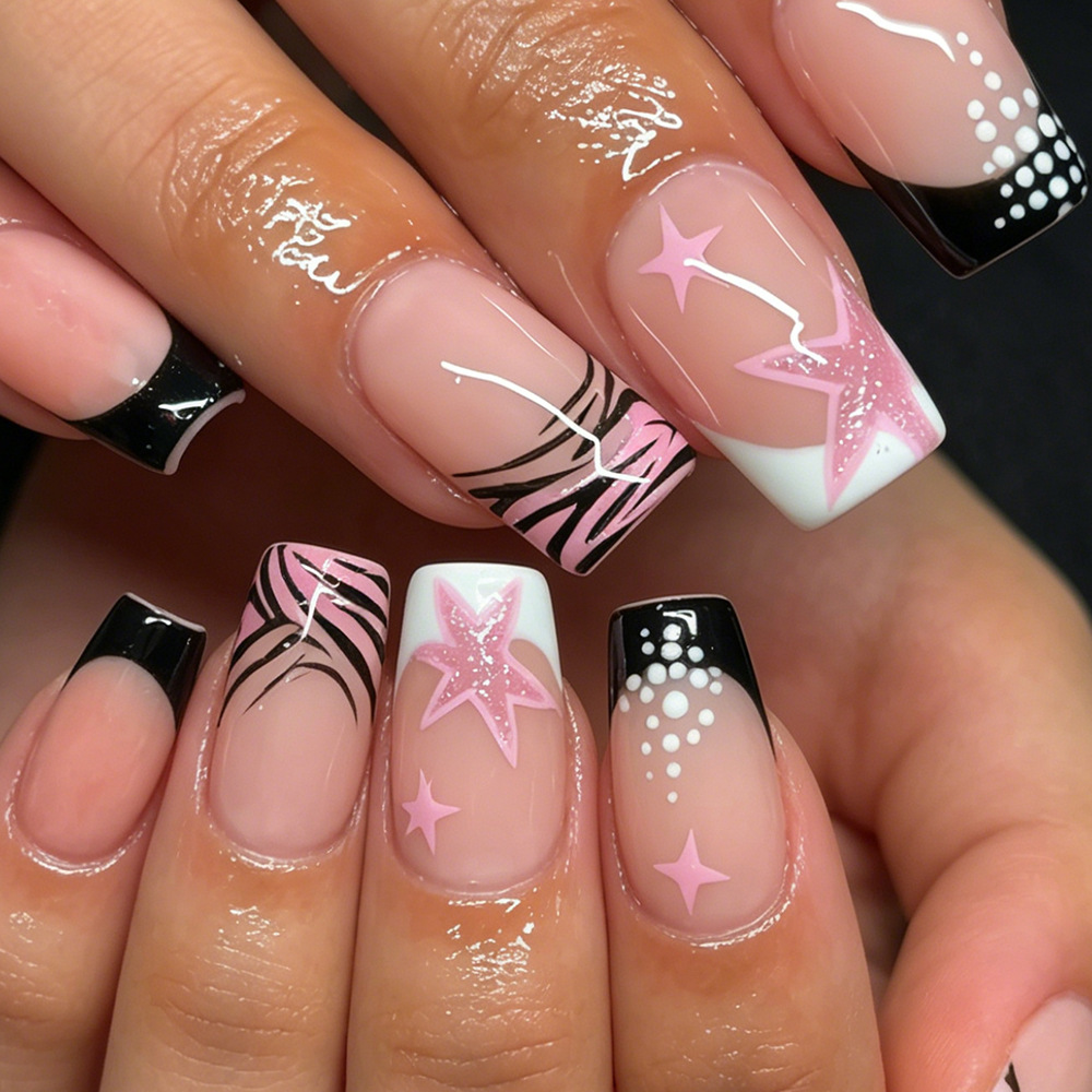 Nail Art Zebra - 24 Uds. Uñas Postizas Francesas Negras